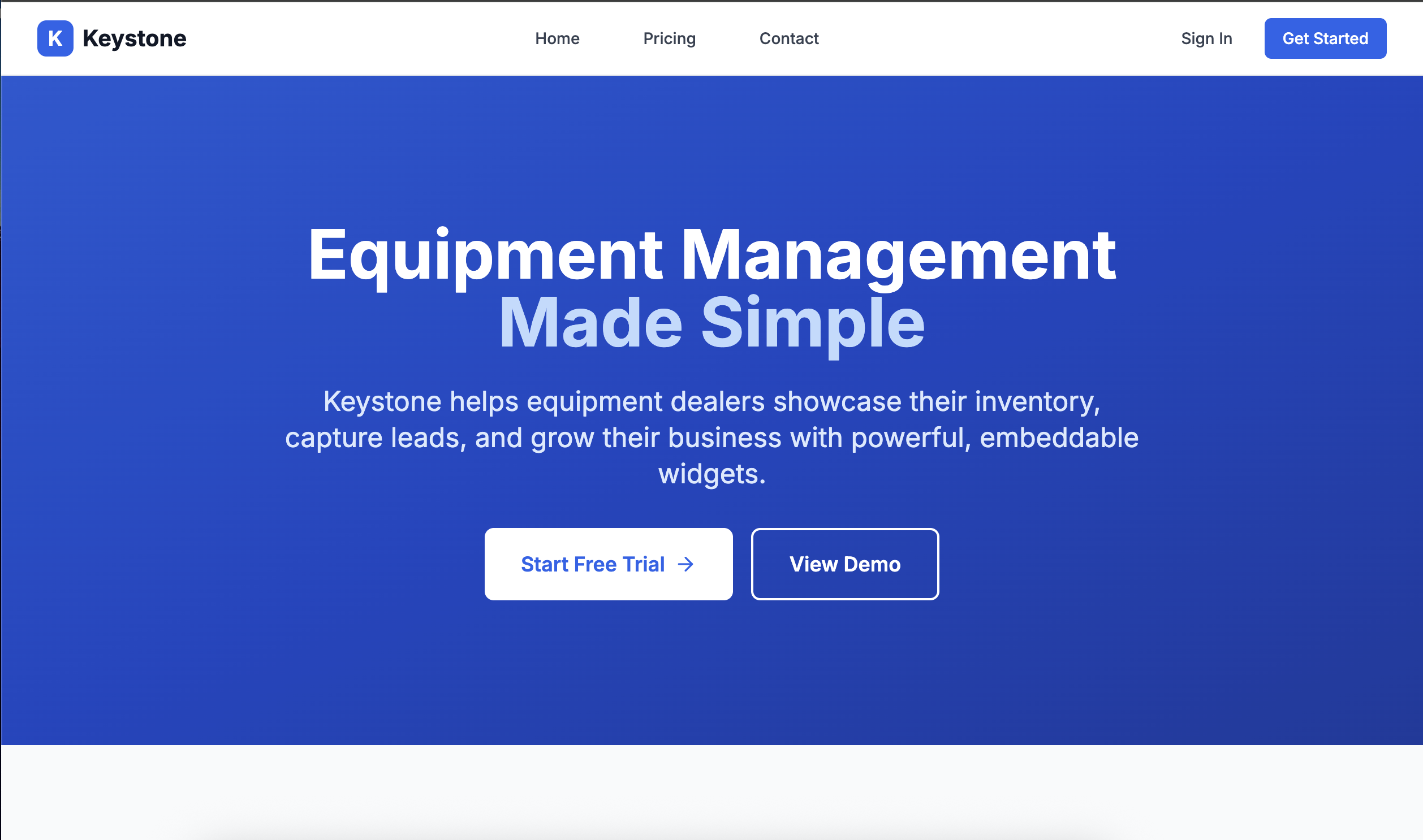 Screenshot of the Keystone equipment management platform for dealers